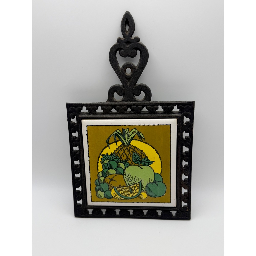 Vintage Howard Holt Cast Iron Ceramic Tile Trivet Fruit‎ Pineapple Retro MCM